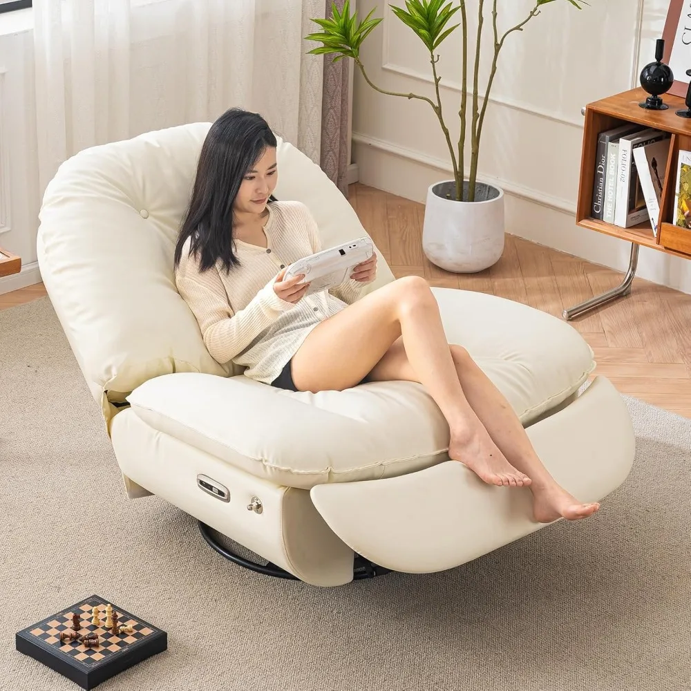 Electric Recliner Chair, 360 Swivel Rocking Glider Rocker for Adults, Phone Stand&Smart Theater Seating (Beige,Silicone Leather)