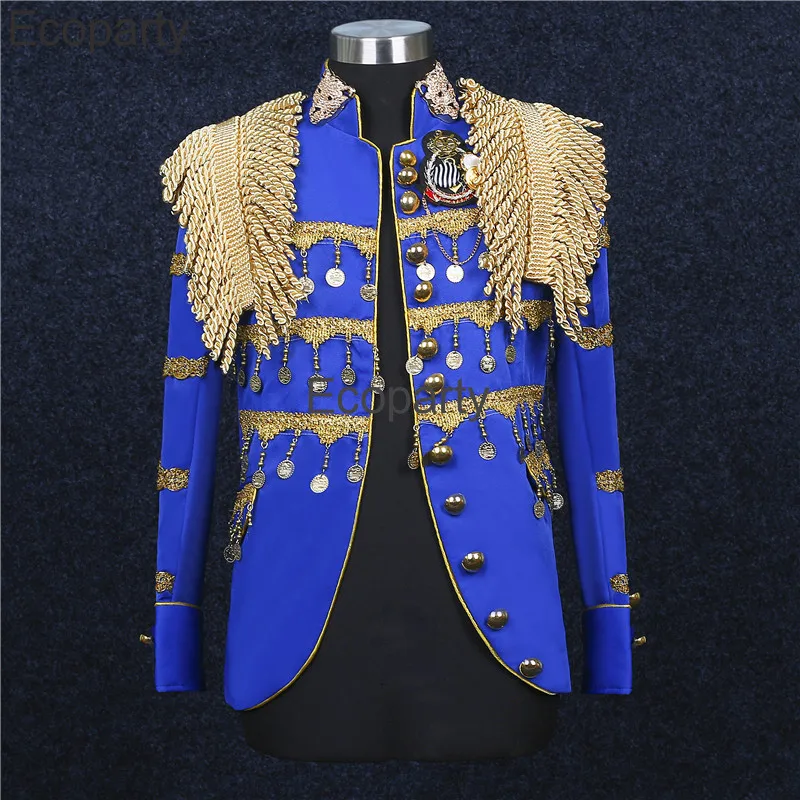 Mens Medieval Luxury Noble Prince Costume Spanish Bullfighter Clothes Metal Tassel Cardigan Jacket Singer Stage Performance Coat