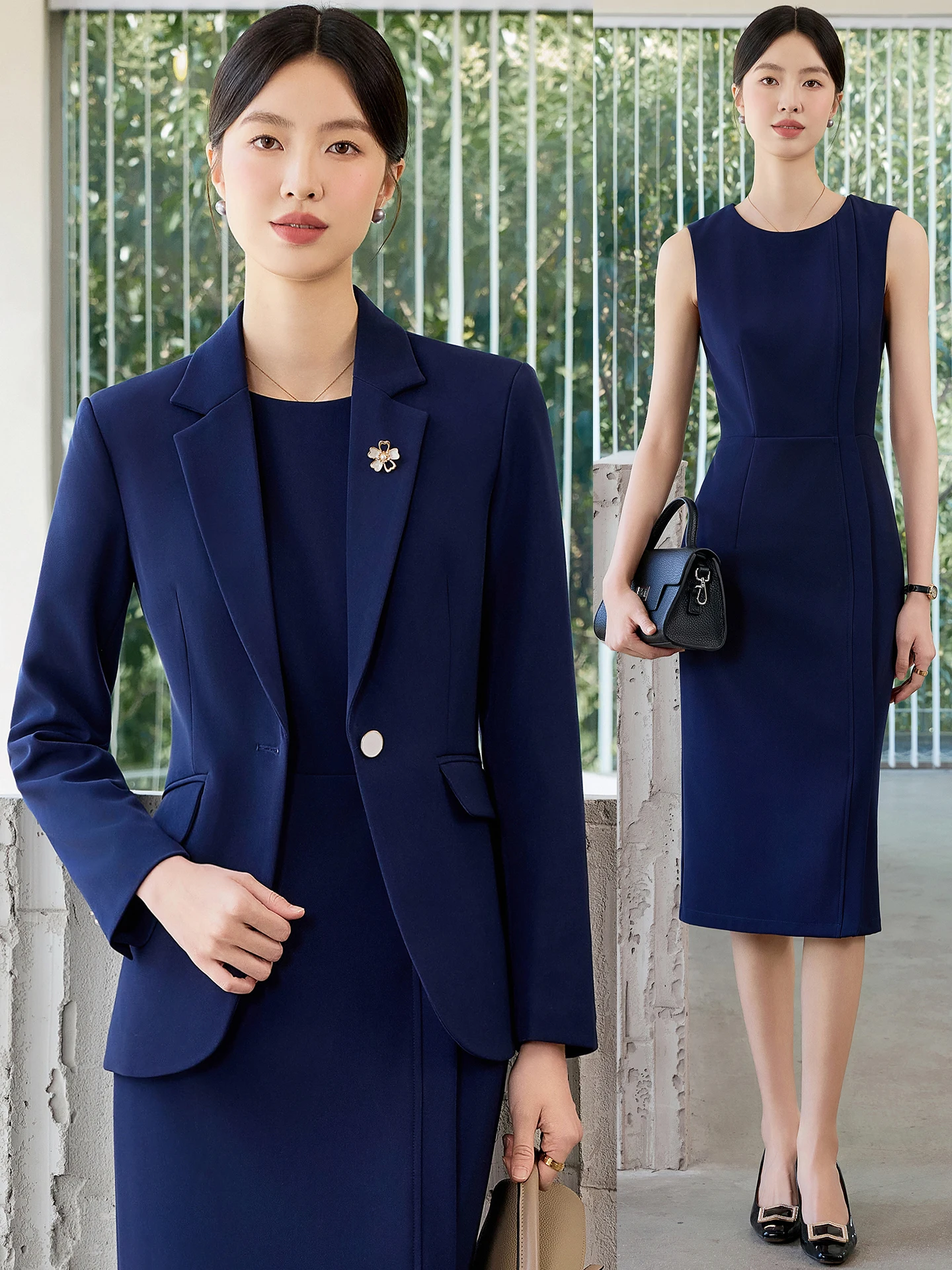 

Костюм-двойка цвета кобальтовой синевы для женщин: весенне-осенний, приталенный, для офиса и работы, из полиэфирного волокна