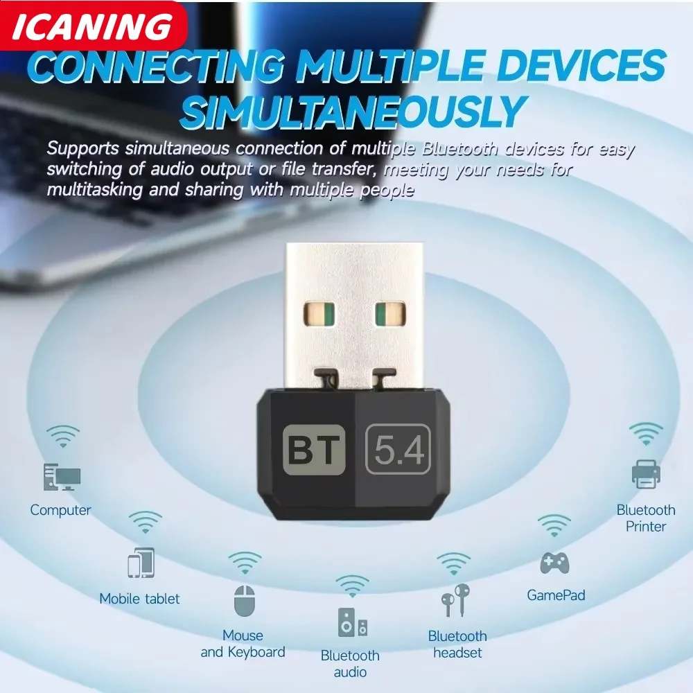 Adattatore dongle USB ricevitore Bluetooth 5.4 per PC Trasmettitore audio mouse wireless Driver Bluetooth 5.0 gratuito per Win 10/11
