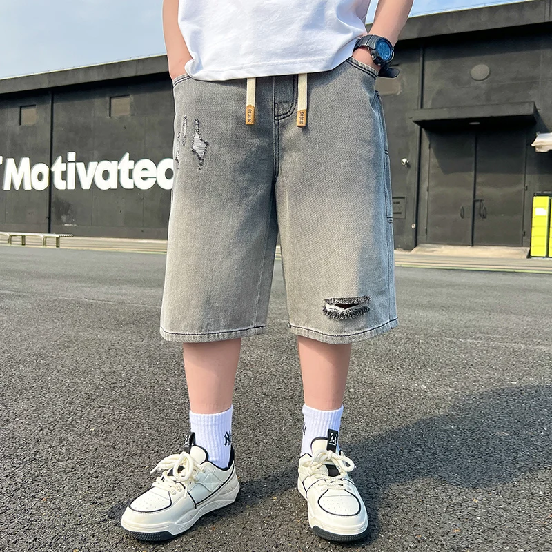 2025 Summer New Kids Grey Gradient High Waist Ripped Denim Shorts For Teenage Boy Casual Drawstring Knee-Length Jeans Pants Y2K