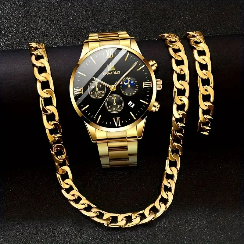 3-piece men's quartz watch + accessories, combining business and sports styles, suitable as Valentine's Day and New Year gifts