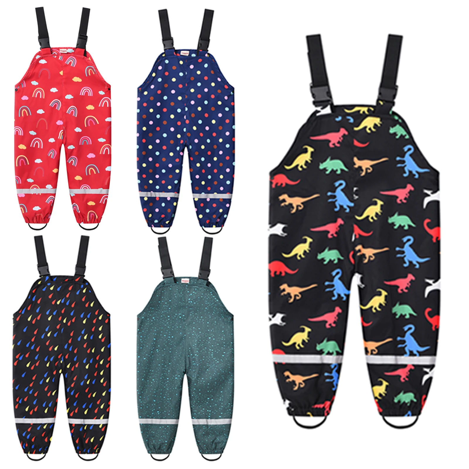 Toddler Kids Boys Girls Rain Pants Dungarees Adjustable Printed Mud Windproof Waterproof Suspender Trousers Children’s Overalls