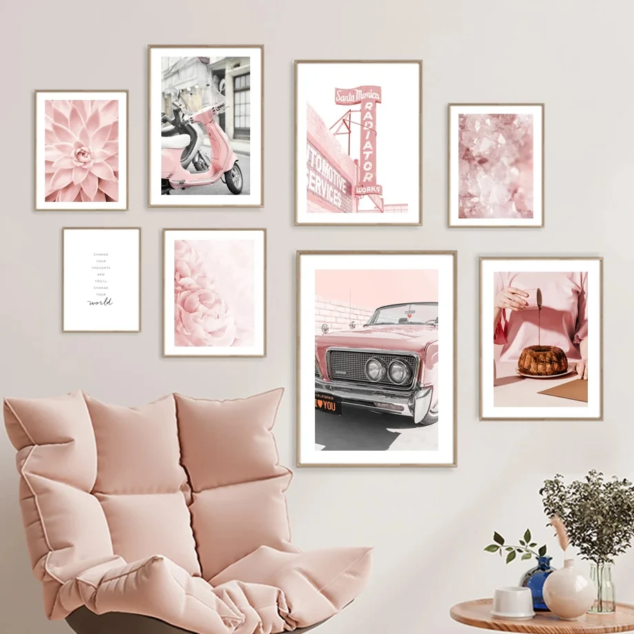 

Canvas Painting for Living Room Decor, Pink Bloom Peony Flower, Vintage Car, Hotel Fashion Posters and Prints, Bar Wall Art Pict