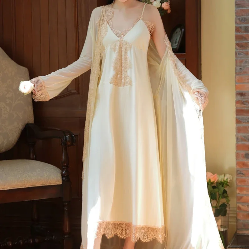 Sweet Solid Color Long Dressing Gown Lace Peignoir Sleeping Dress Fairy Cotton Nightgown Robe Sets Women 2 Piece Sexy Sleepwear