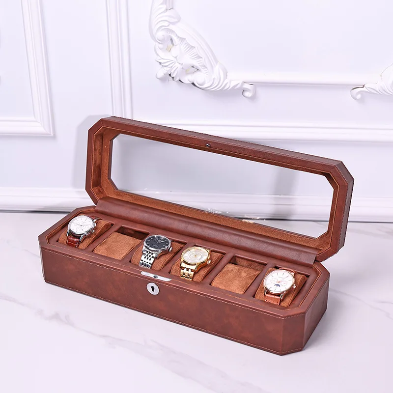 Custom LOGO Minimalist Brown PU Leather Dustproof Watch Packaging Display Watch Box Large-capacity Jewelry Collection Box OEM