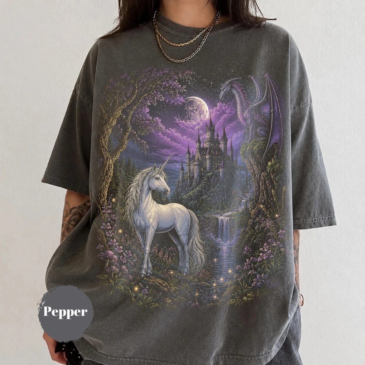 90er-Jahre-Fantasy-Einhorn-Shirt, Magisches Pegasus-Muster T-Shirt, Mittelalterliches Schloss-Drachen-Kostüm, Geschenk im Märchenland-Landhausstil – Detail 4