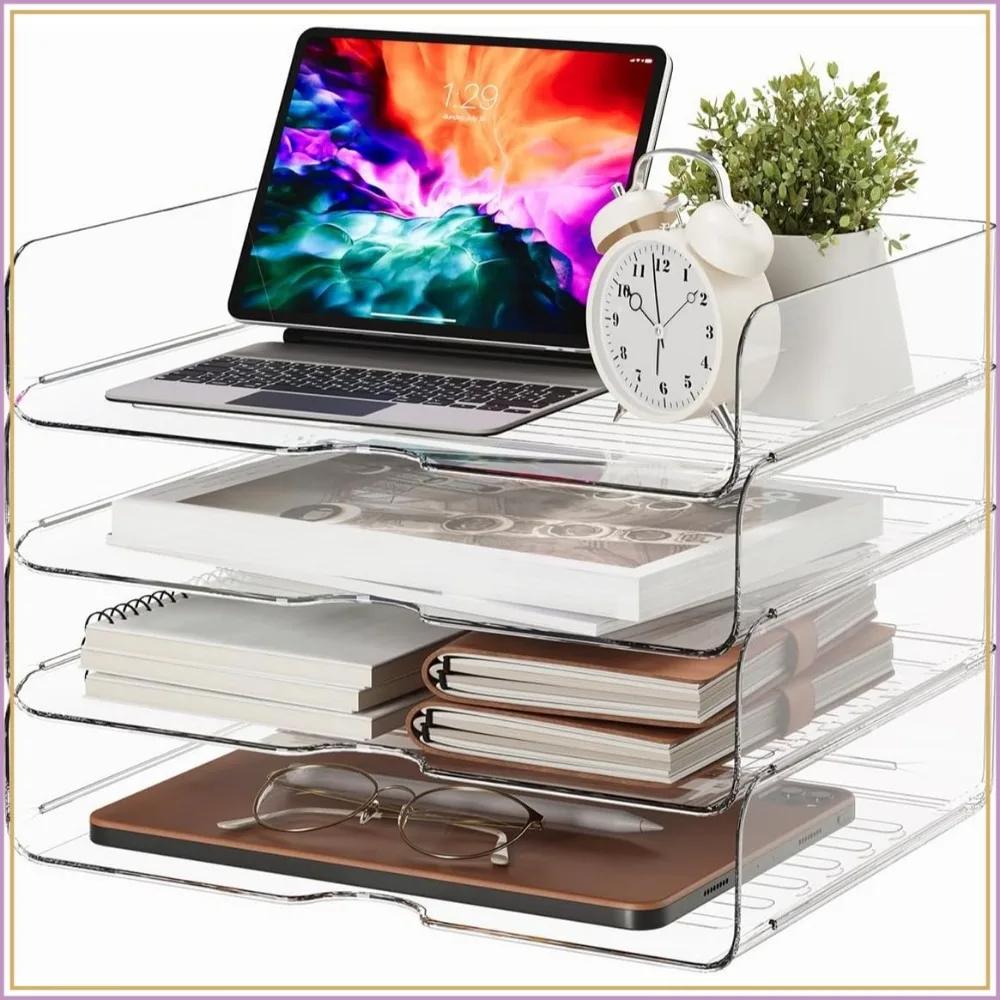 4-Tier Stackable Desk Organizer, Large Capacity Paper Tray for Office Home School, Clear Durable File Holder