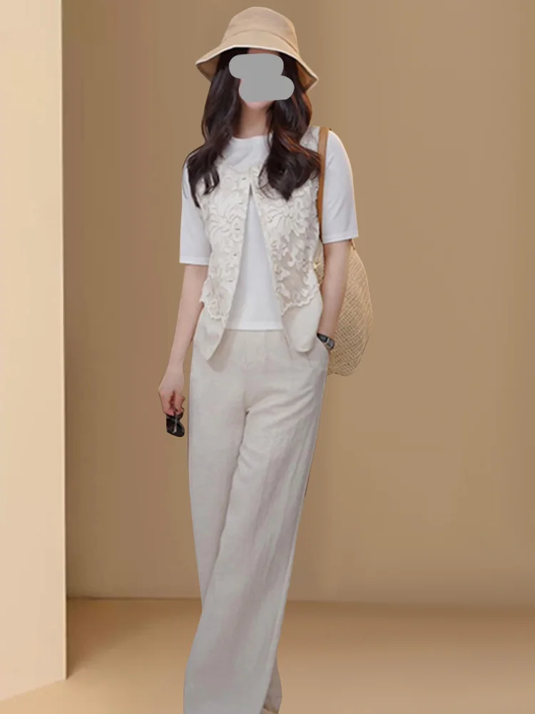 

New Chinese Style Slimming Summer Three-Piece Set Women's Thin Drapey Tank Top T-Shirt Combo Wide Leg Pants Fashionable
