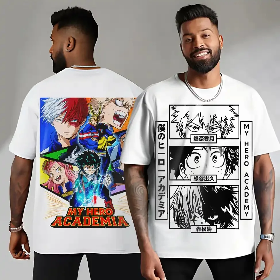 Bandai Anime My Hero Academia Short Sleeve T Shirt, Double Sided Deku Manga Art Print Tee for Comic Con and Anime Fan Gathering