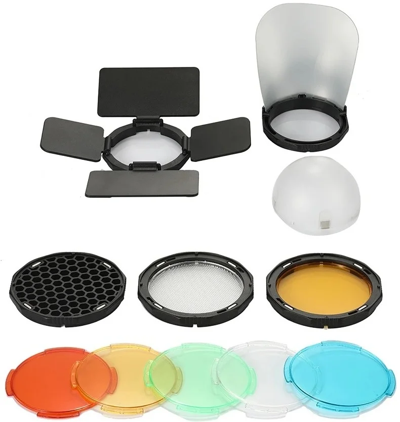 

TRIOPO Diffuser Ball Kit, Barn Door, Snoot, Color Filter, Reflector, for Godox AK-R1 AD100Pro H200R V1 V1Pro Round Flash Head