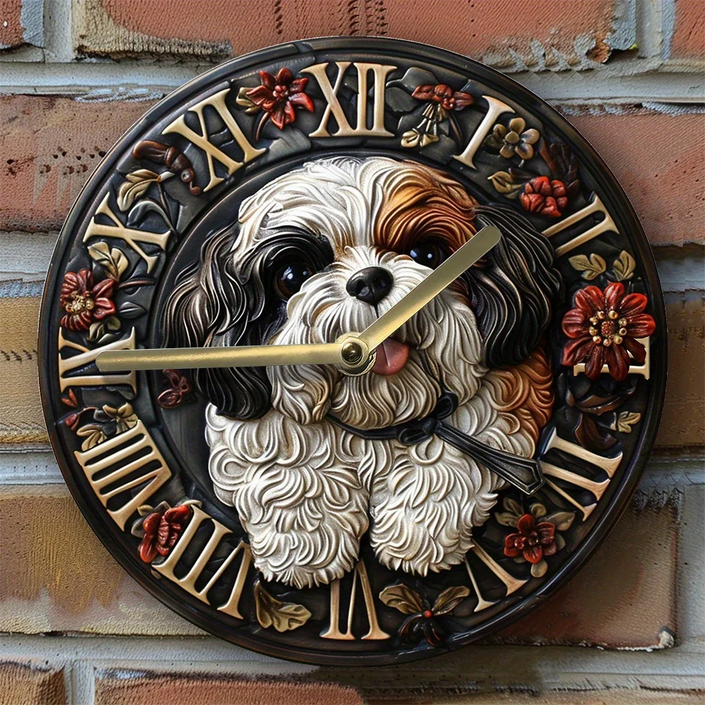 Shih Tzu-Themed Silent Wall Clock, Aluminum Metal, Diy Decor For Apartments & Valentine'S Day Gift  clocks wall home decor