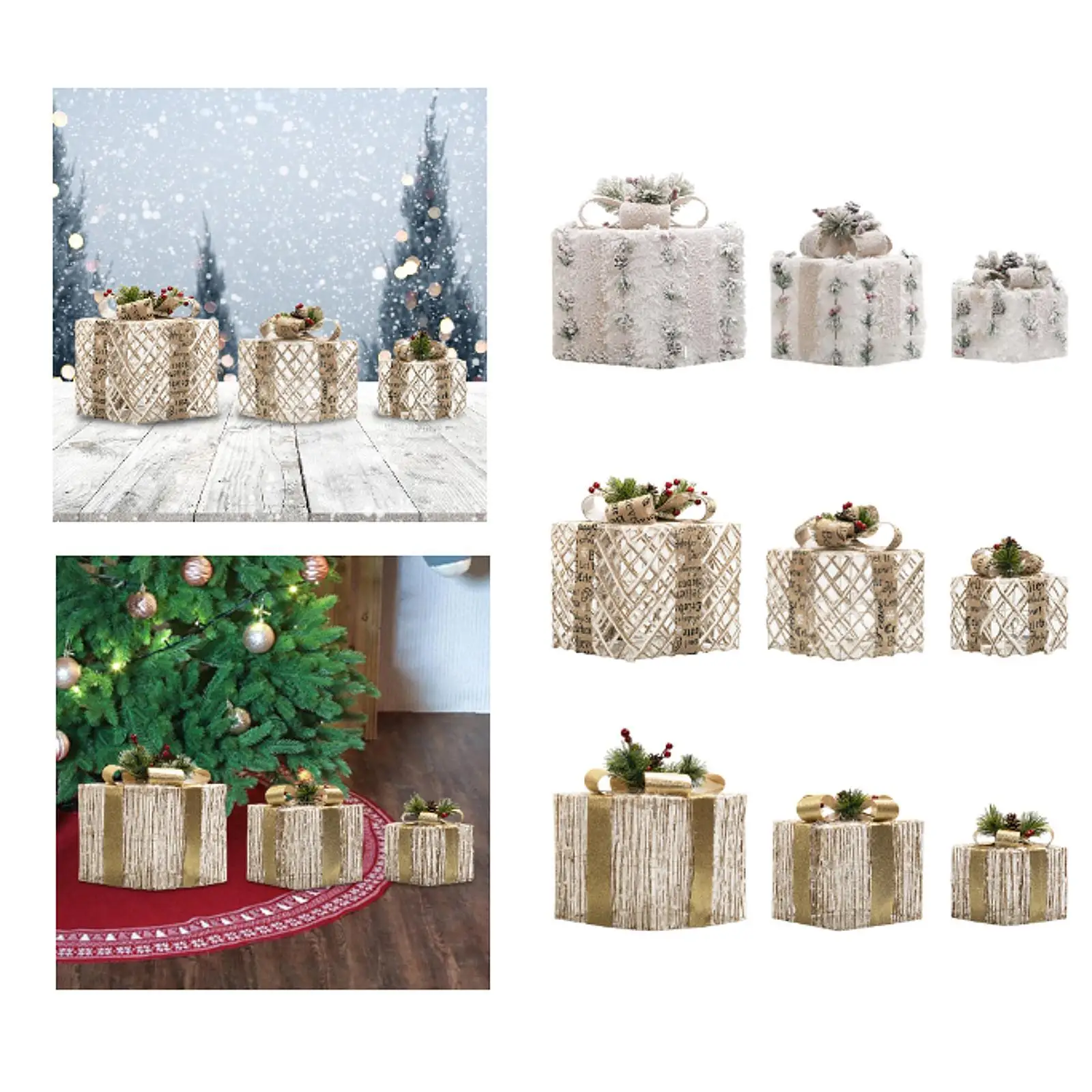 3-teiliges Weihnachtsbeleuchtungs-Geschenkbox-Ornament mit Schleife für drinnen und draußen