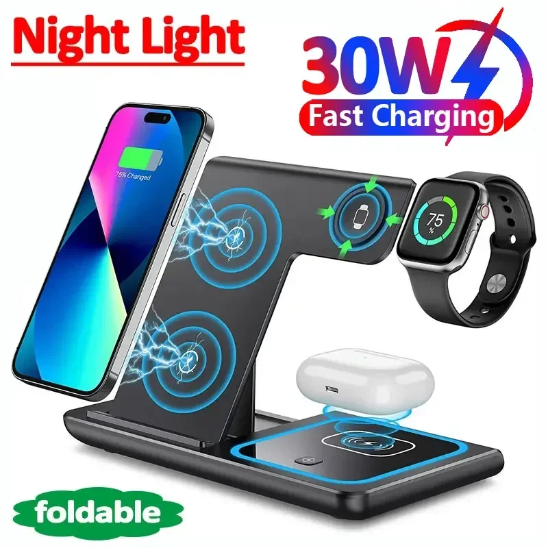 30W Fast Wireless Charger Stand For iPhone 14 13 12 11 Apple Watch 3 in 1 Foldable Charging Station for Airpods Pro iWatch 8 7