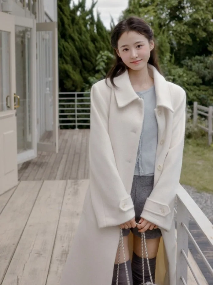 

Шикарное корейское зимнее пальто, мягкое элегантное шерстяное пальто с отложным воротником и одной пуговицей с завязкой на талии средней длины