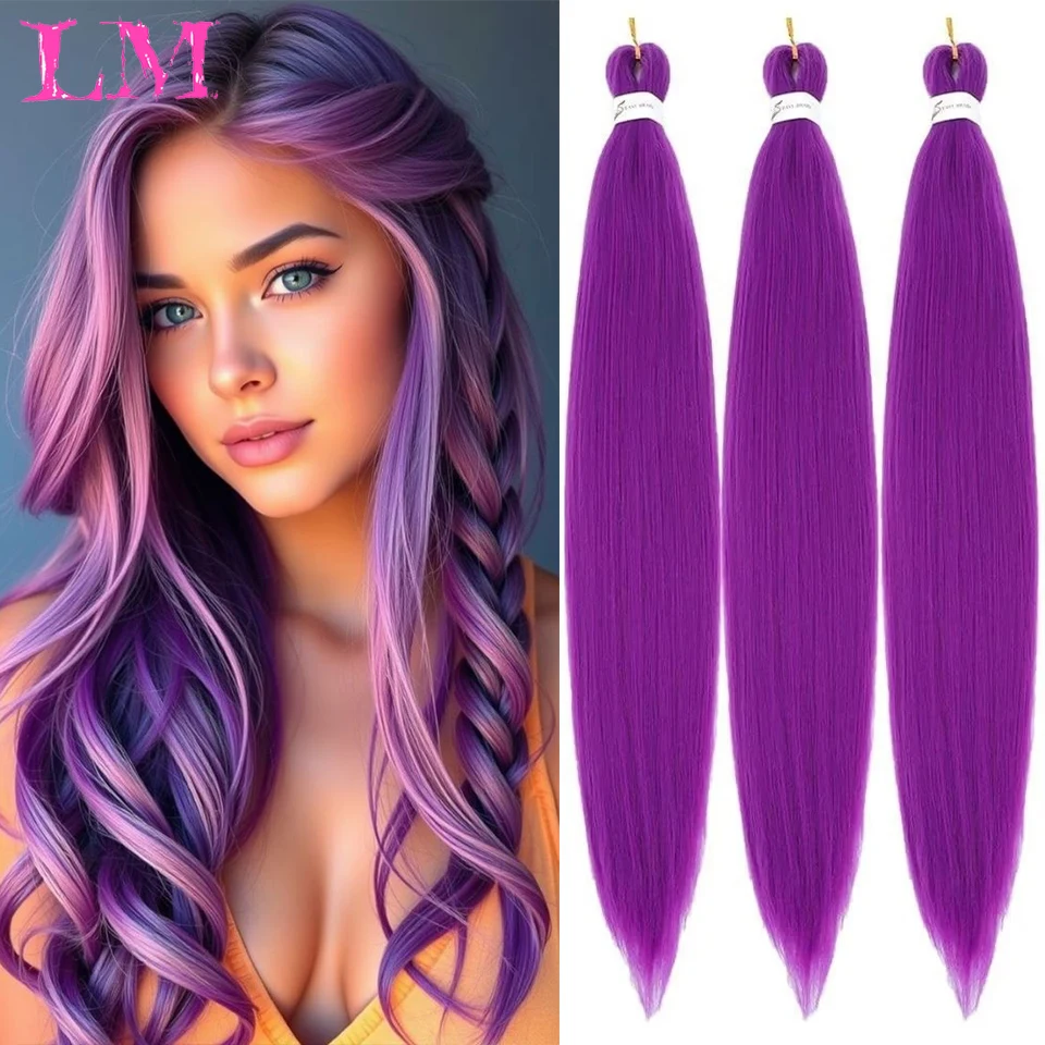 LM Synthetic Purple Braiding Hair Pre Stretched Soft Yaki Synthetic Crochet Hair Braid Extension Hot Water Setting Pink Hair