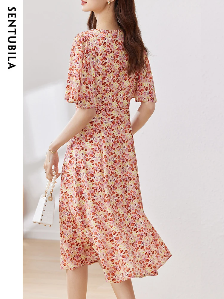 SENTUBILA 100% Mulberry Silk Dresses Women 2024 Elegant A Line V Neck Short Flare Sleeve Slim Waist Vintage Floral Print Dress