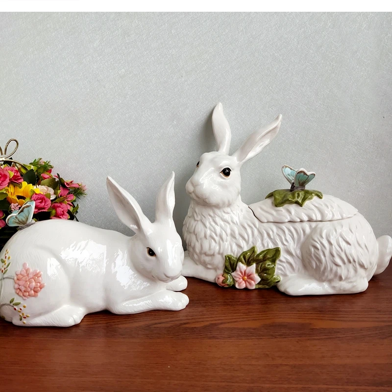 

European ceramic rabbit sculpture Candy storage jar Home decor Living room Snack cookie Kitchen food container