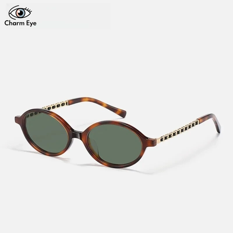 Women Sunglasses High Quality Acetate Chain Leg Eyewear Black Retro Fashion Elliptical UV400 Outdoor Sports Travel Sun Glasses