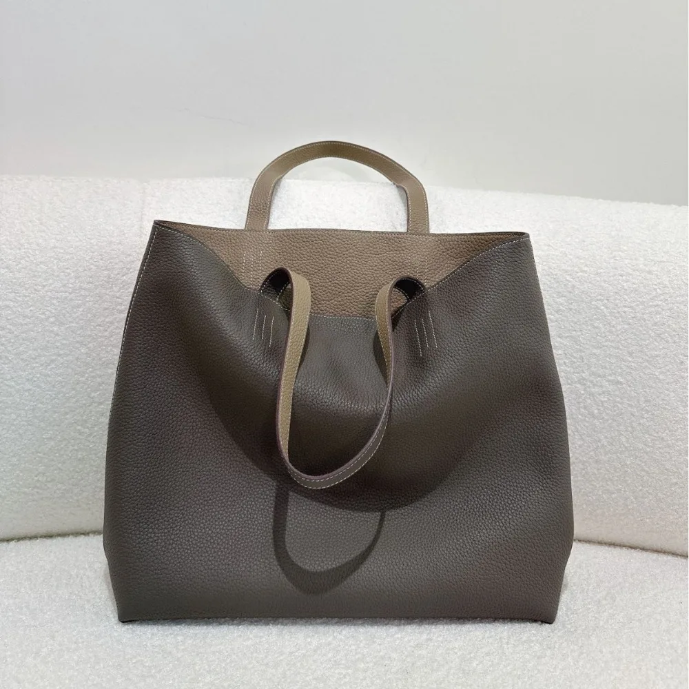 Inside Outside TC Cowhide 2026 New High-end Tote Women's Bag Large-capacity Contrasting Color Minimalist Shoulder Shopping Bag