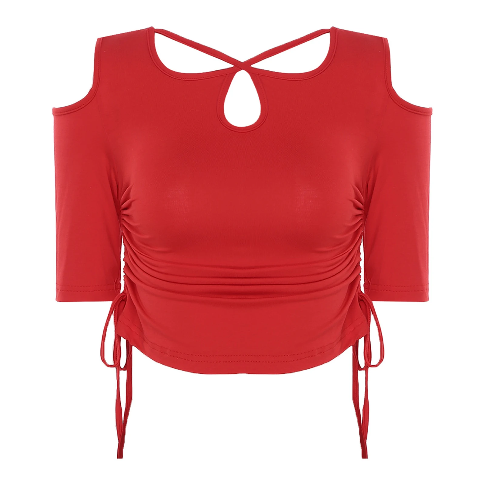 

Womens Belly Dance Clothes Crossing Straps with Keyhole Cold Shoulder Cropped Top Latin Tango Dance Shirt Daily Casual Costume