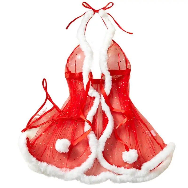 

Полупрозрачное сверкающее сетчатое сексуальное женское белье, женская рождественская ночная рубашка, пижамный комплект-стринги, женское платье Babydoll, эротические костюмы