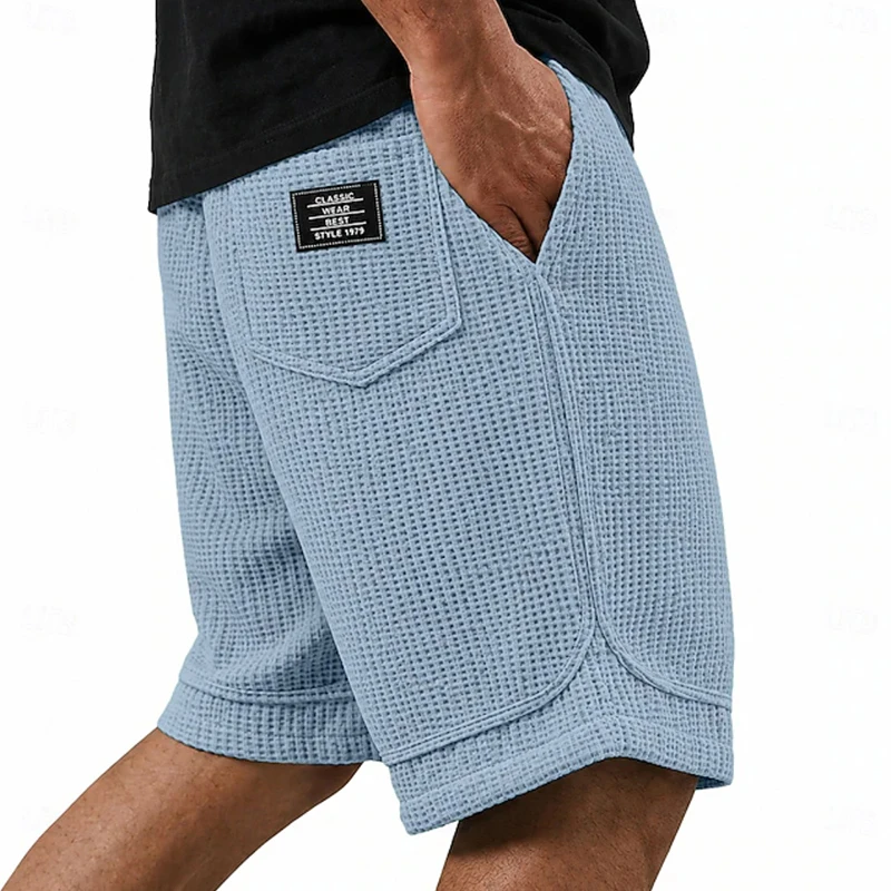 Fashion Loose Straight Shorts For Men Summer Daily Casual Breathable Waffle Plaid Textured Shorts Vintage Mens Lace-up Shorts