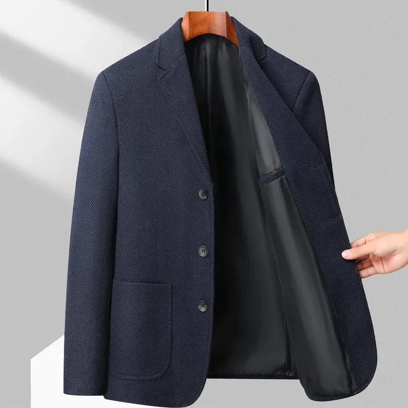 Business Casual Woolen Suit Flat Lapel Thick Single-Breasted Single-West Slim Fit Warm Jacket Classic Herringbone Pattern Coat