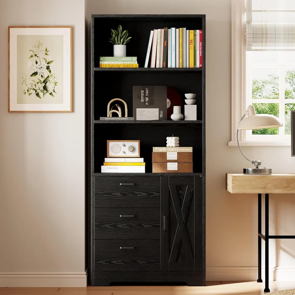 

71in Bookshelf with Door and 3 Drawers, Tall Bookcase Shelf with 3-Tier Shelves, for Bedroom Living Room Entrance Hallway