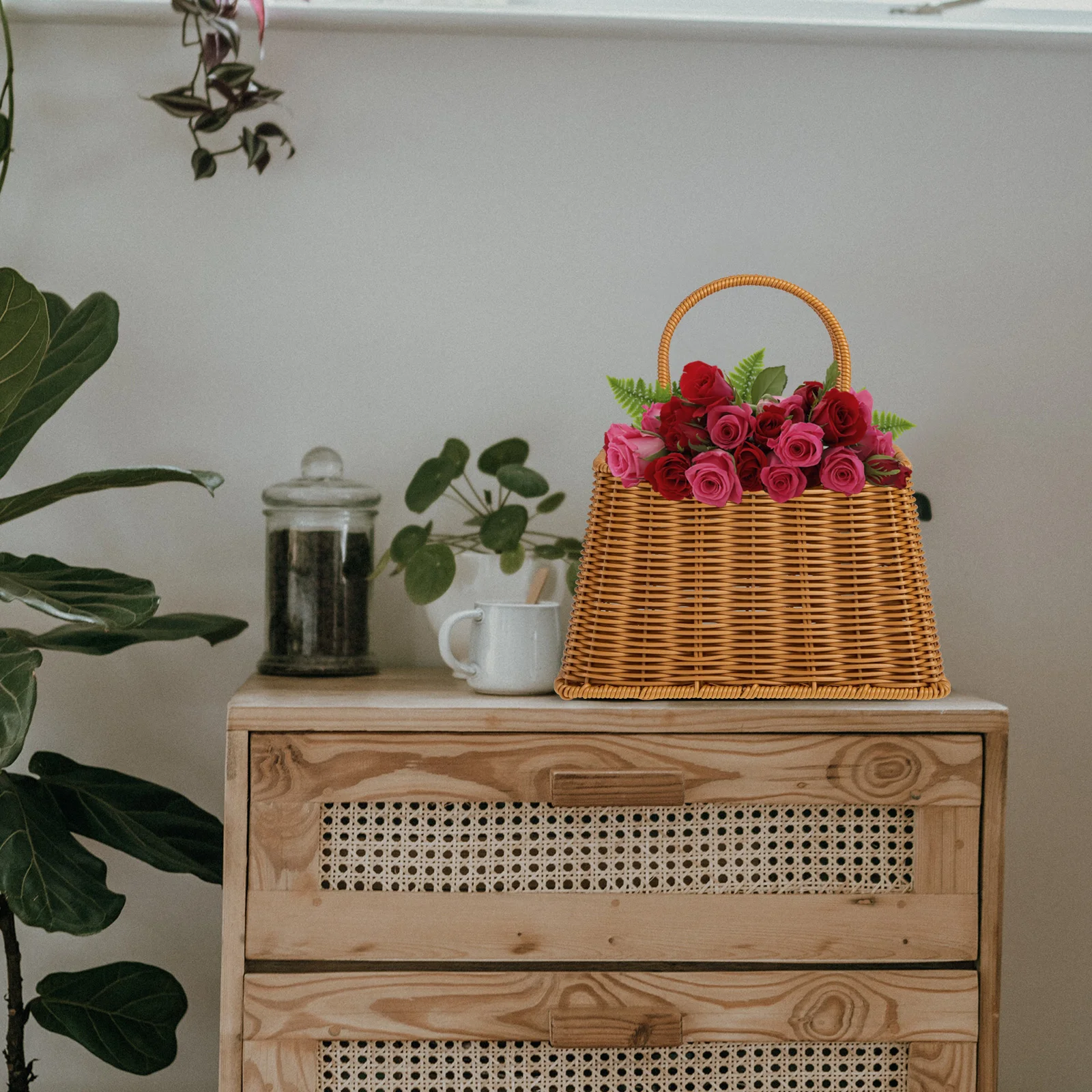 

Imitation Rattan Flower Basket Hand Woven Baskets Decorative Home Party Reusable Practical Portable Wedding Favors