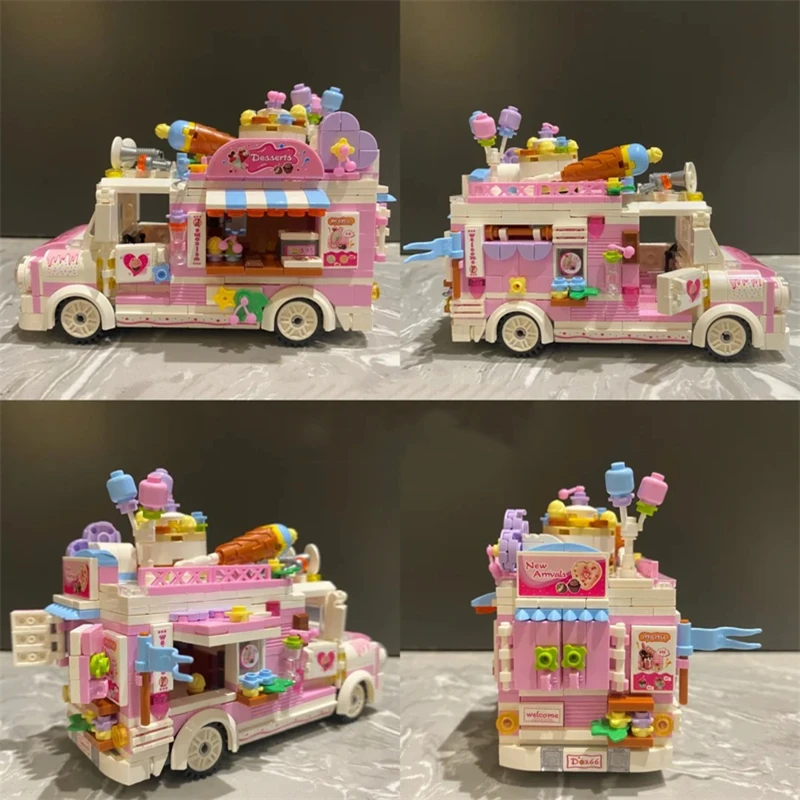 Street view car building blocks burger ice cream truck assembled model ornaments kawaii collection hand-made birthday gift