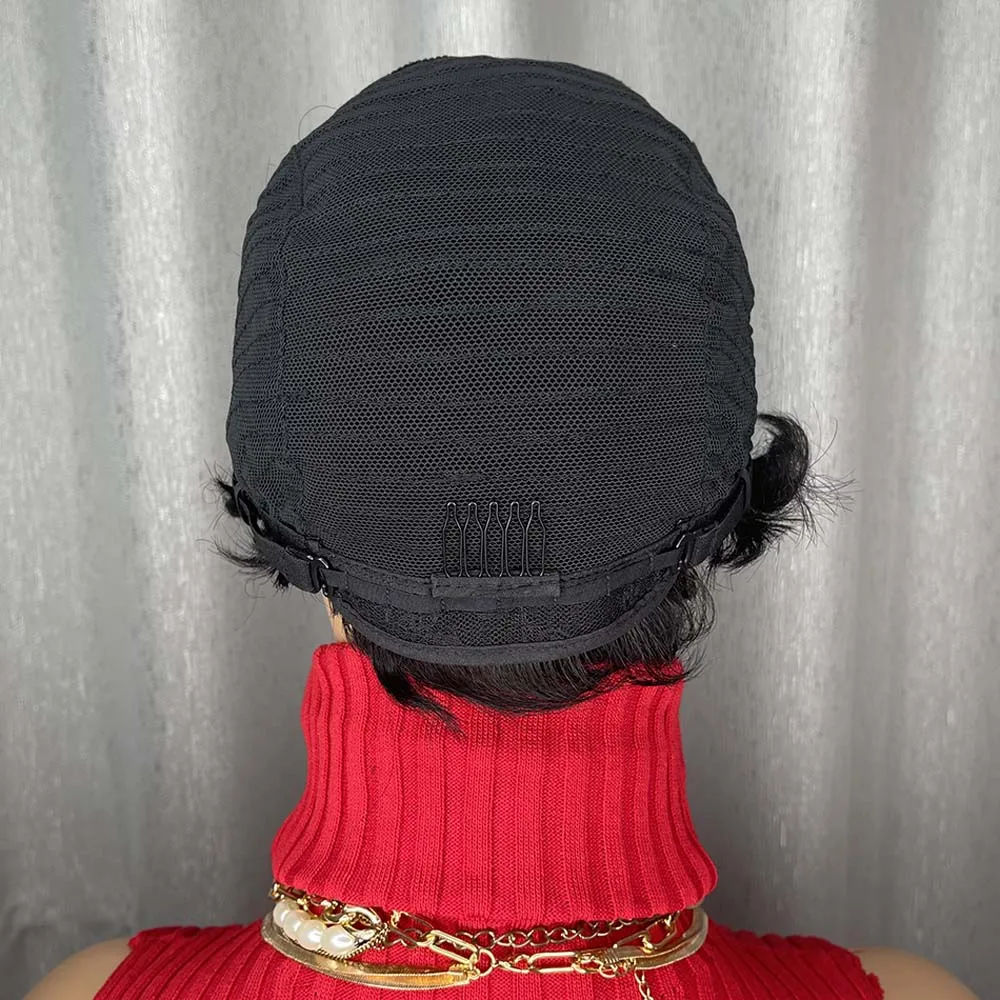 Krótka peruka pixie, naturalna czerń, włosy ludzkie, teksturowana, falowana, warstwowa peruka bob, wykonana maszynowo, dla czarnoskórych kobiet.