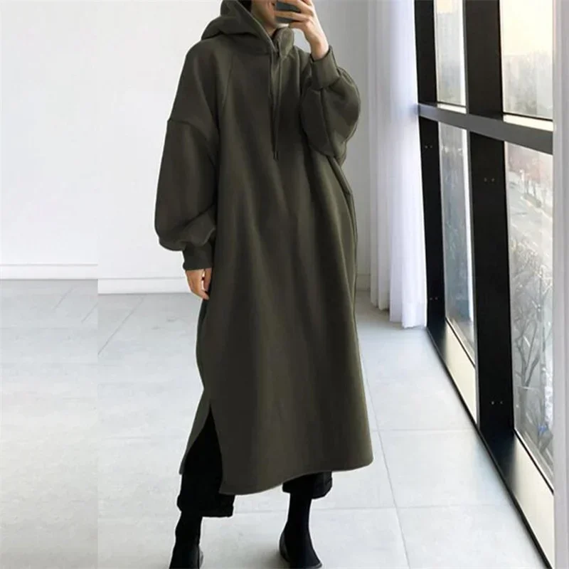 Autumn Winter Long Sweatshirt Women Double Pockets Hooded Hoodie Female Comfortable Casual Thickened Warm Solid Color Outerwear