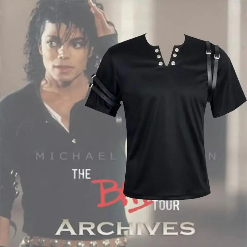 Michael Jackson BAD Schwarzes Kurzarm-T-Shirt mit Schnallenriemen King of Pop Cosplay-Oberteil Motorrad-Imitator-Performance