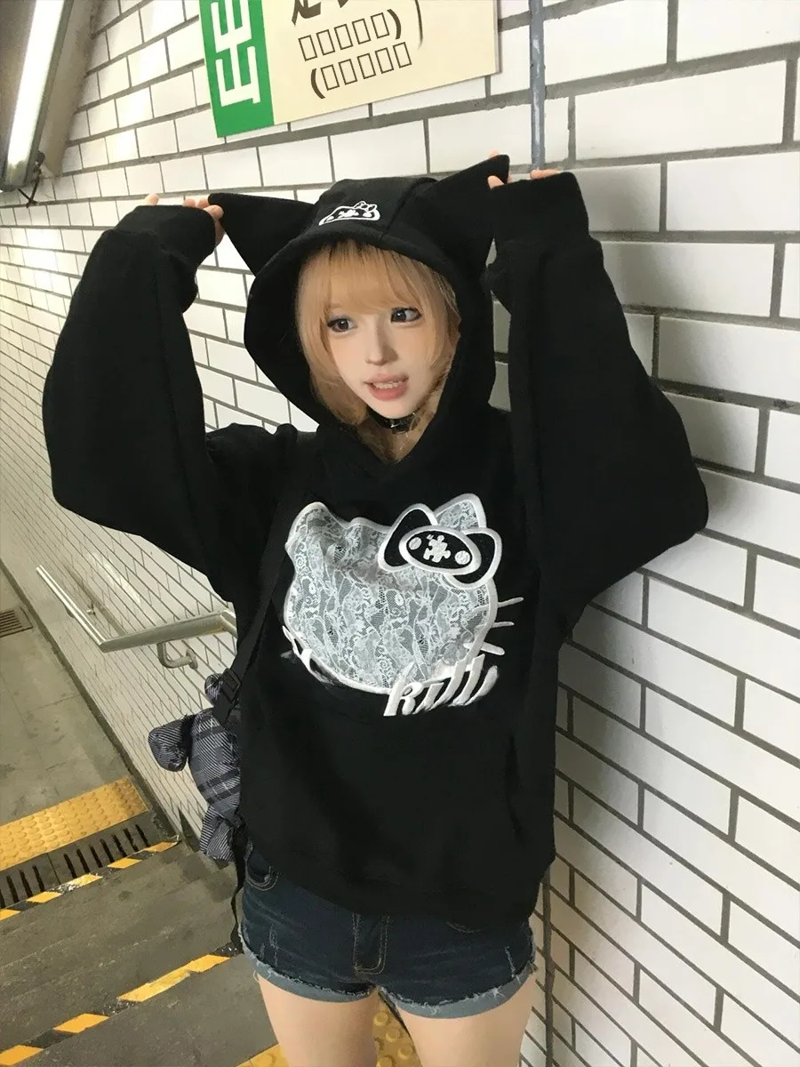 

Ретро-толстовка с вышивкой и капюшоном, женская свободная толстовка с длинными рукавами, осенне-зимняя, для стройных девушек, в стиле Sweet Spicy Girl, верхняя одежда