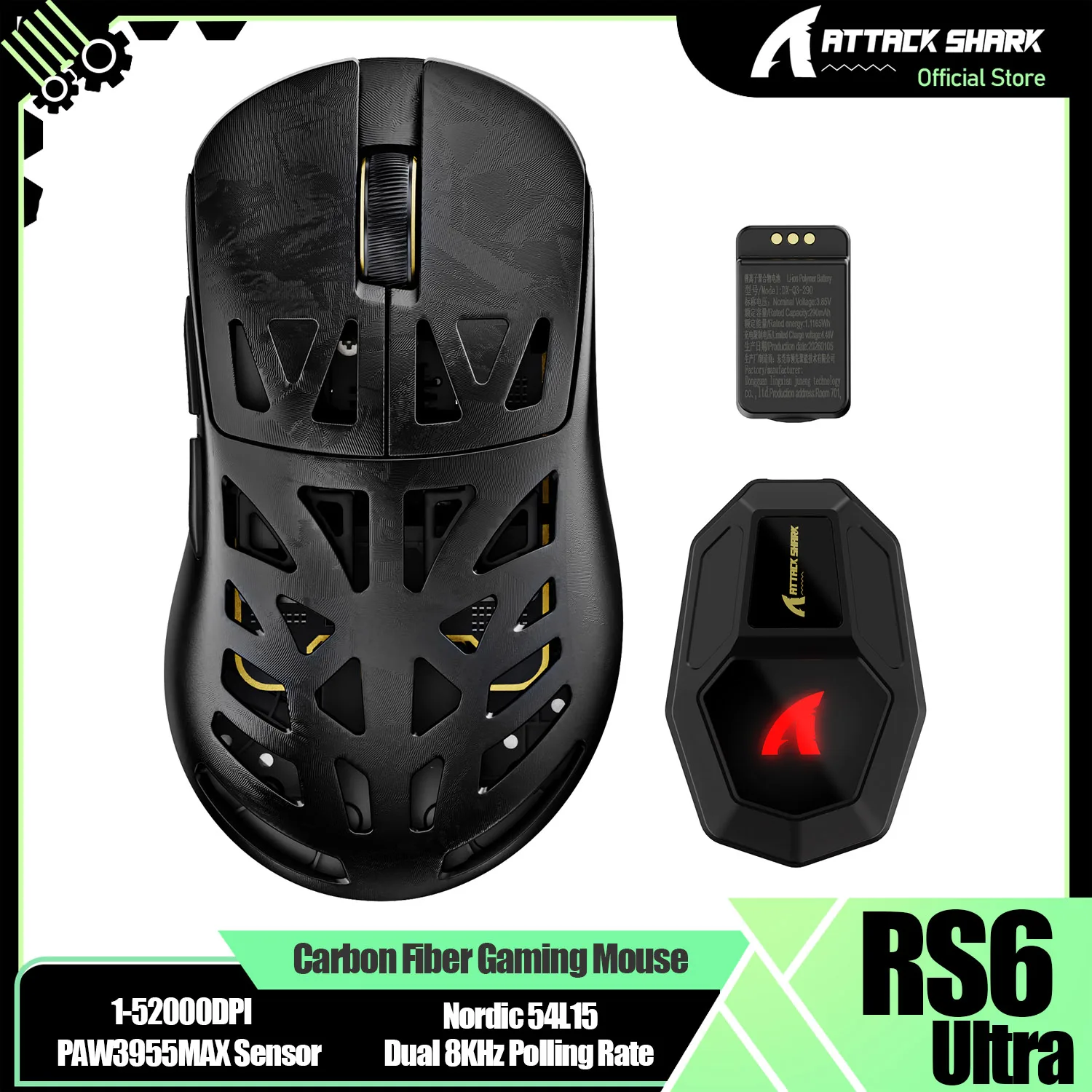 ATTACK SHARK RS6 UlTRA Carbon Fibre Wireless Gaming Mouse,PAW3955MAX Sensor,Nordic 54L15,1-52000DPI,Dual 8KHz Polling Rate