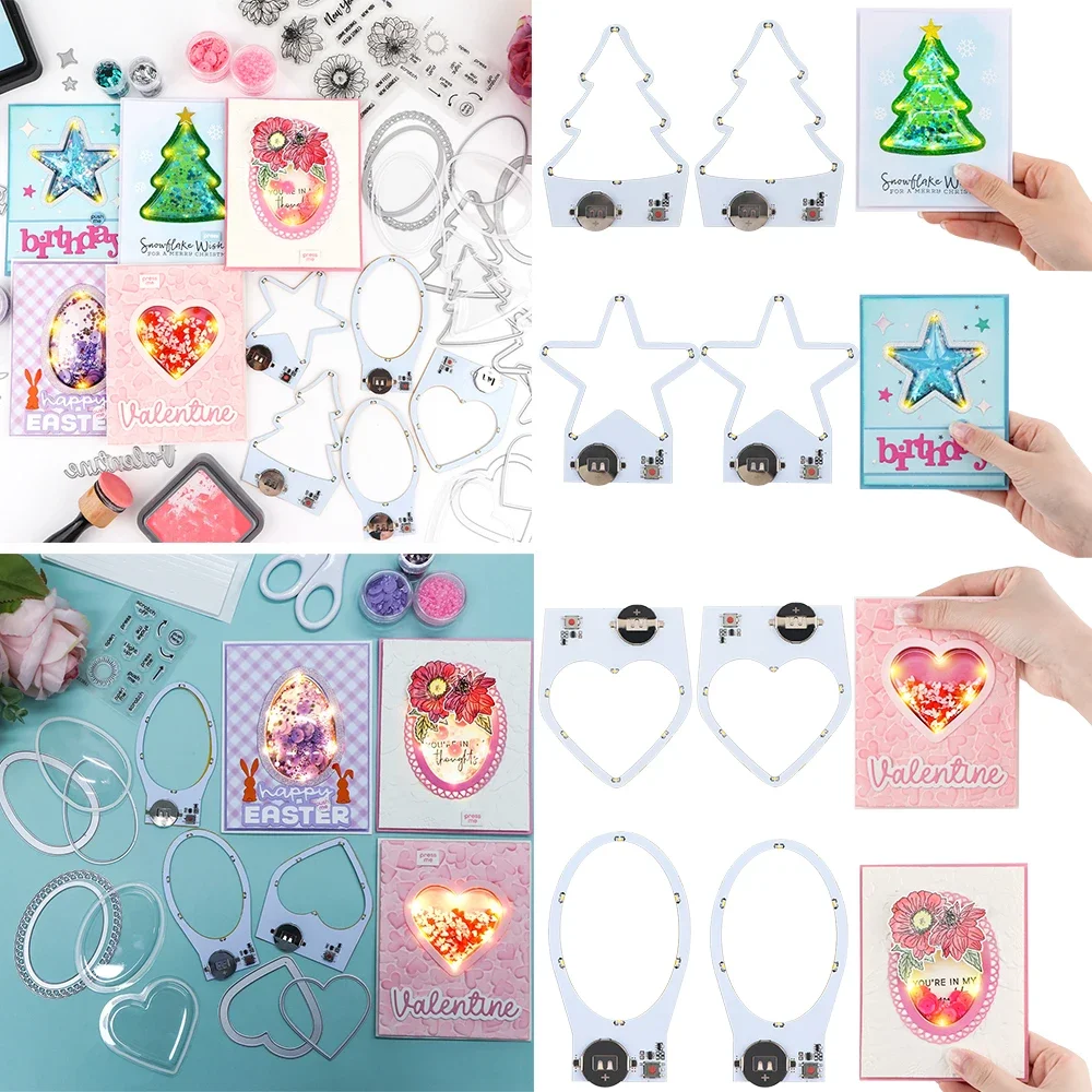 2pcs/set Christmas Tree/Heart/Stars/Oval Easy Lights For Making Light-Up Cards Self-Adhesive Light-Up Units with Warm White LEDs