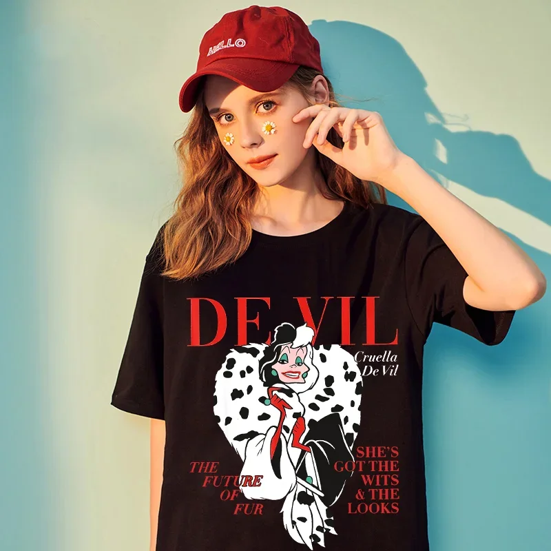 Disney Fashion Black and White Witch Demon Cartoon Cuira Cruella Printed T-shirt Women Short Sleeve O-neck Streetwear Tees Top