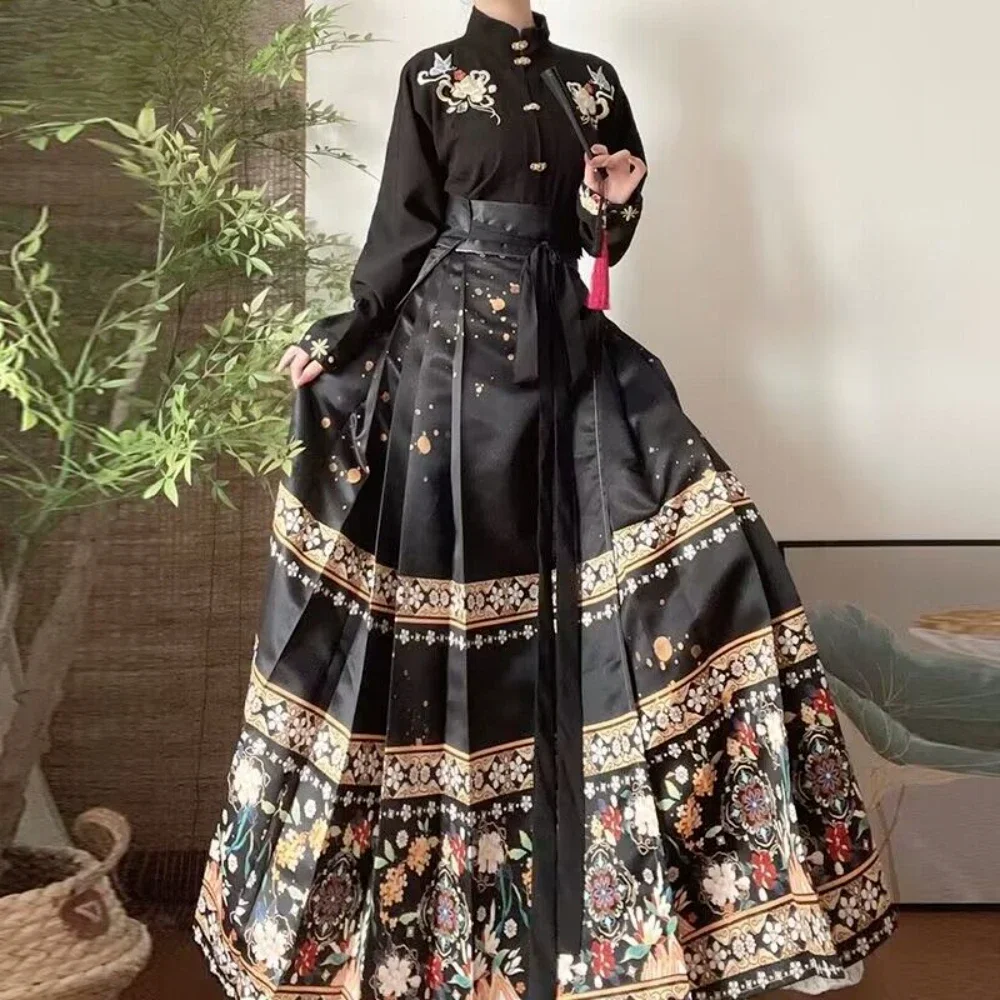 Chinese Fashion Hanfu Horse Face Skirt + Shirt Sets Plus Size XL Women Chinese Traditional Vintage Hanfu Modern Chinese Clothing