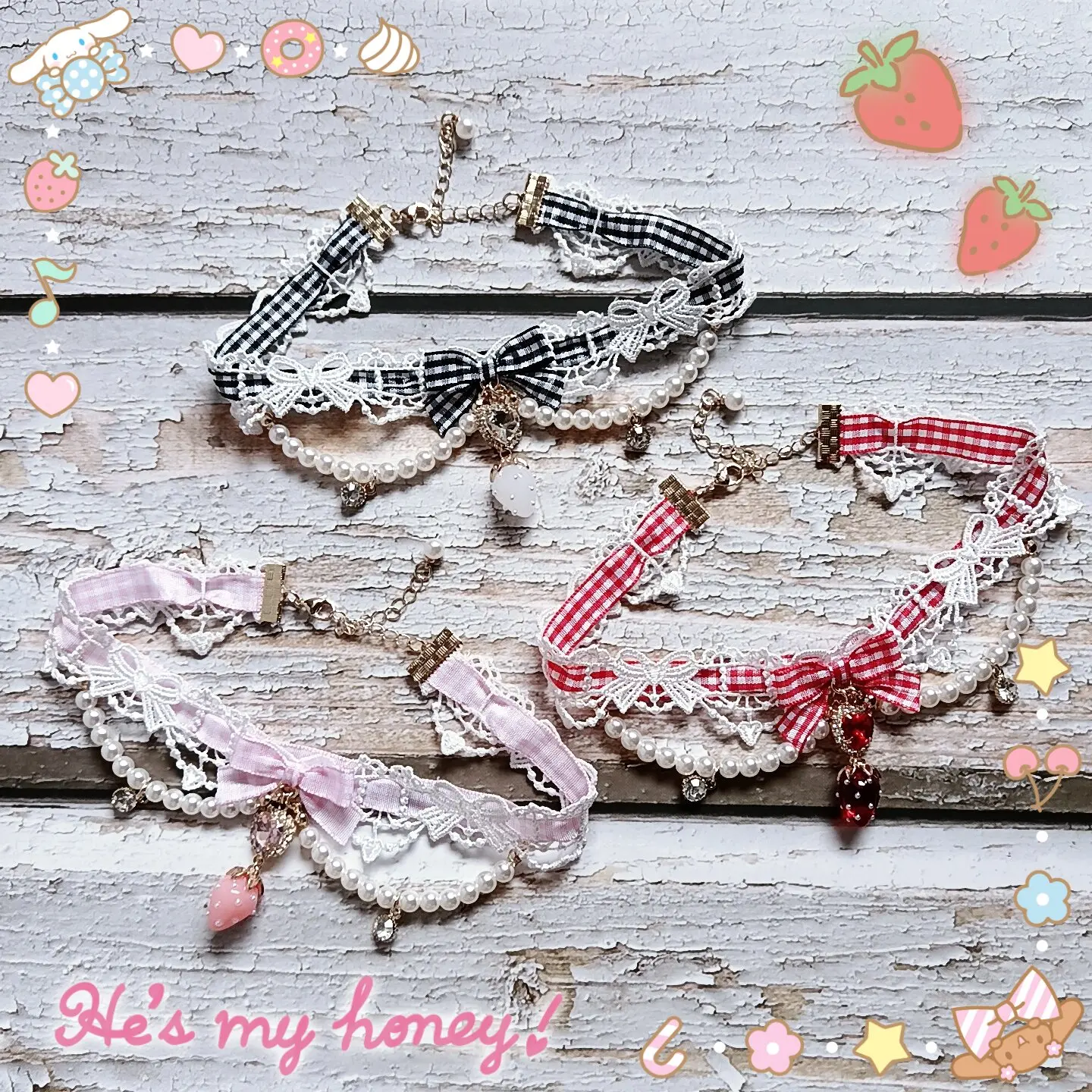 

Strawberry Plaid Bow Lolita Lace Choker Heart Pearl Rhinestone Pendant Cute Y2K Jirai Lolita Necklace for Women Sweet Girl Gift