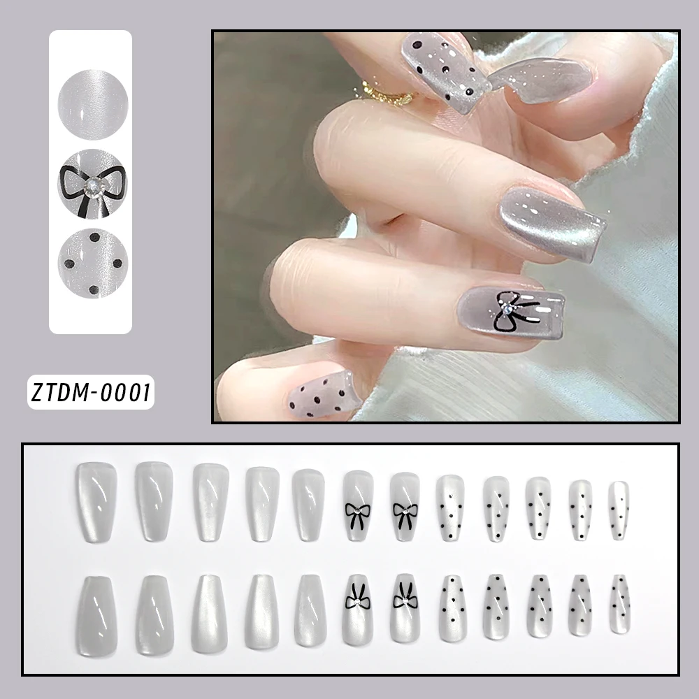 24Pcs Gray Cat Eye Handmade Press on Nails Bow Rhinestone Fake Nail Patches Wearable Detachable French Glitter False Nail Tips #