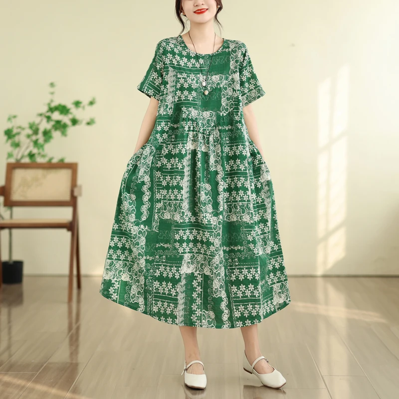 

Summer New Vintage Bamboo Fiber Loose round Neck Short Sleeve A-Line Dress Women's Slimming Dress Artistic Style Citywalk