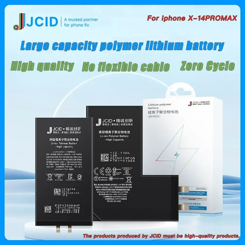 JCID High Capacity Rechargeable Battery Without Flex Cable for iPhone XR X Xs 11 12 13 14 Pro Max Battery Accessory Replacement