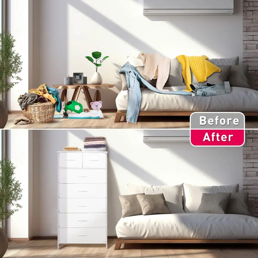 خزانة طويلة لغرفة النوم، برج منظم تخزين عمودي مع 7 أدراج، خزانة ذات أدراج مع صناديق قماش، إطار فولاذي، خشب