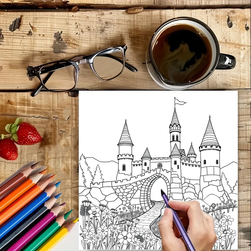 28 stron oryginalnej kolorowanki dla dorosłych z motywami z bajek o zamkach |   Książeczka do kolorowania, artykuły do rysowania na Boże Narodzenie, Święto Dziękczynienia