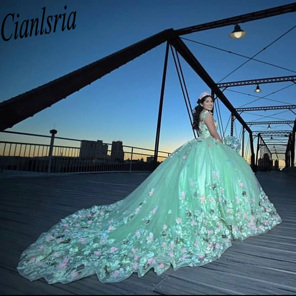 Vestido De baile De princesa Verde menta, quinceañera, cristal, fiesta De cumpleaños, flores 3D, dulce 16, 15 Años