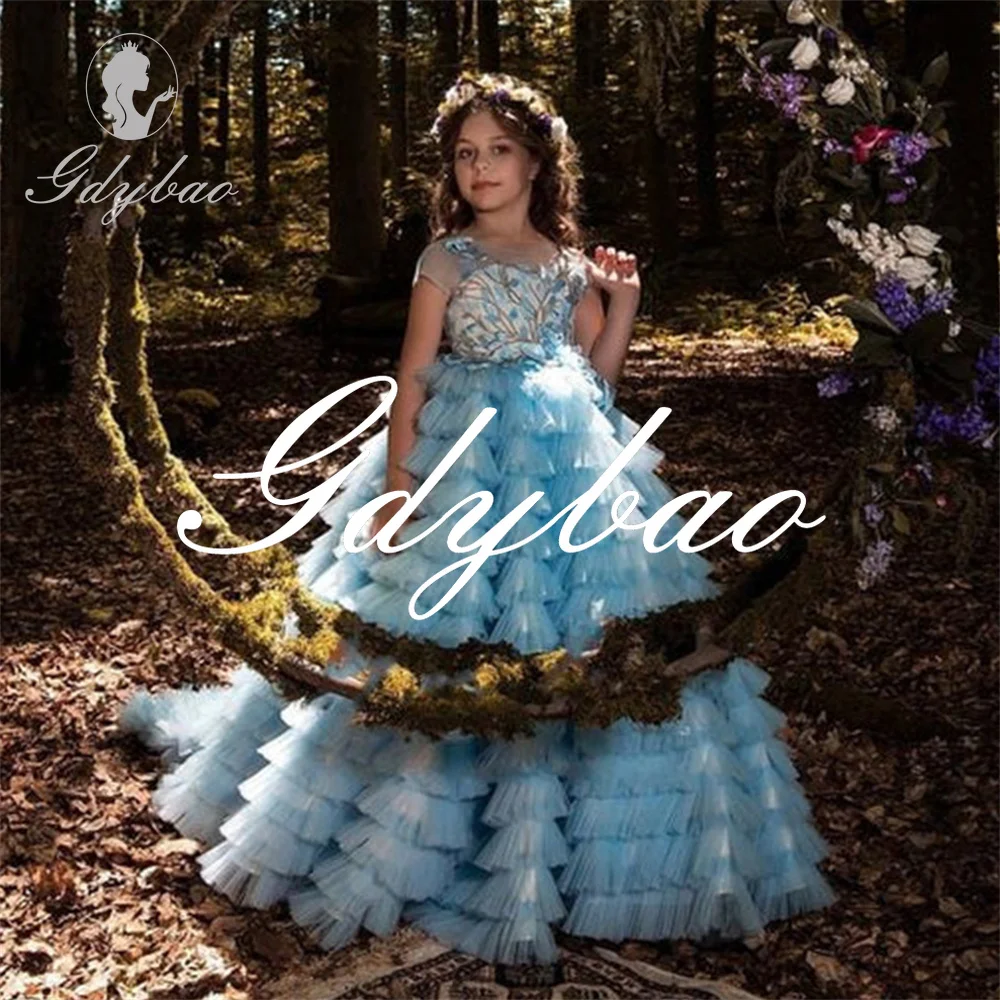 

Роскошное свадебное платье принцессы с золотой аппликацией для девочек с цветочным узором, тюлевое плиссированное платье длиной до пола, длинное бальное платье для первого причастия по индивидуальному заказу