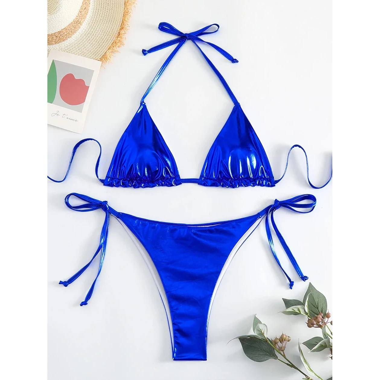 セクシーなメタリックホルタービキニセット、レースアップ
