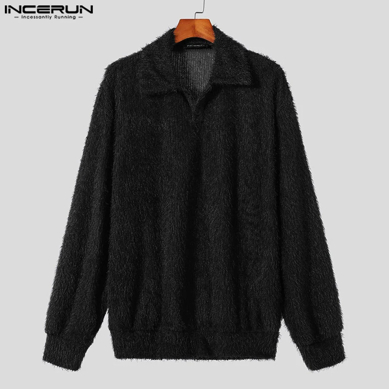 INCERUN Men\'s Sweaters 2023 Knitted Plush Lapel Long Sleeve Casual Pullovers Streetwear Solid Korean Color Fashion Men Clothing