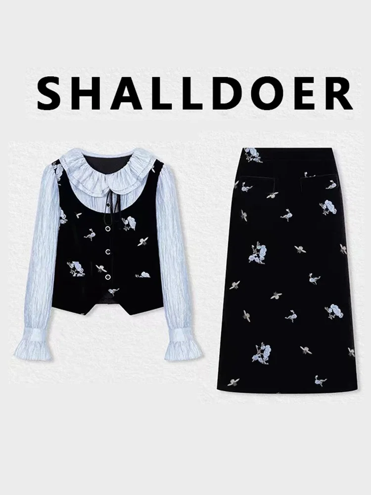 

Faionable Long Sve Doll Collar Set Women's Design Sense High Waist Skirt Breathable Medium Thin Tee Piece Set